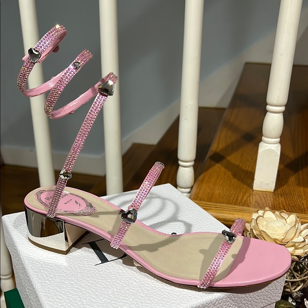 Rene Caovilla snake- wrap satin Block-heel sandals w/ Heels